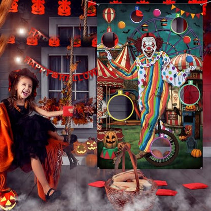 WovWeave Halloween Toss Game Banner with 3 Bean Bags Scary Clown Toss Banner Halloween Carnival Party Throwing Game for Kids Adults Trick or Teat Circus Party Favors Supplies