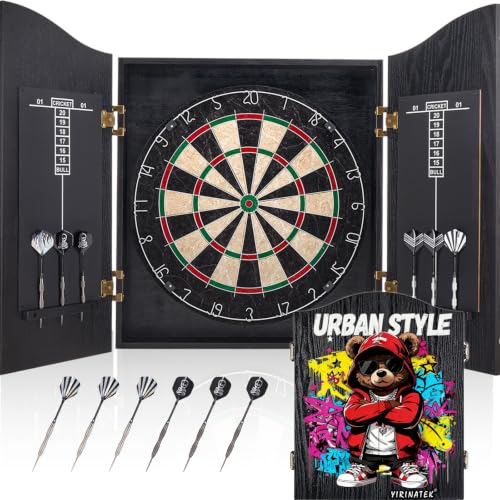 Sisal Dart Board Cabinet Sets, Decorative Dart Boards for Adults [6*Steel Darts] - Wooden Dartboard Cabinet with Integrated Scoreboard for Family Game Rooms - [Urban Bear]