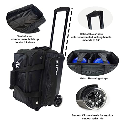 ELITE Deluxe 2 Ball Bowling Bag with 5" Smooth Wheels - Large Accessory Pocket, Shoe Compartment, 36" Extendable Handle - color: Sand/Black