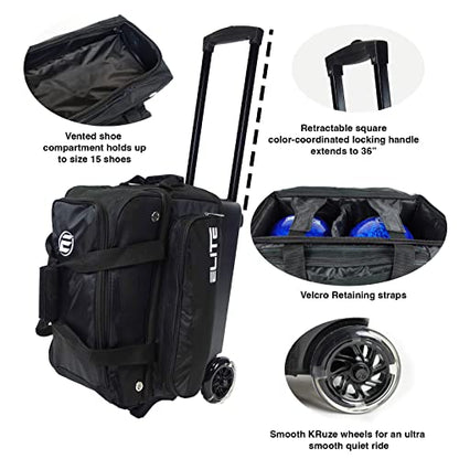 ELITE Deluxe 2 Ball Bowling Bag with 5" Smooth Wheels - Large Accessory Pocket, Shoe Compartment, 36" Extendable Handle - color: Sand/Black