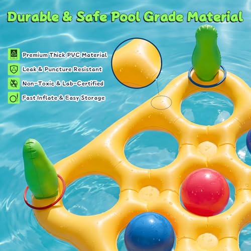 2 in 1 Pool Toys Games Set Inflatable Pool Float with 10 Balls & 8 Rings Tic-Tac-Toe Pool Games, Fun Summer Party Beach Outdoor Yard Game - color: Yellow