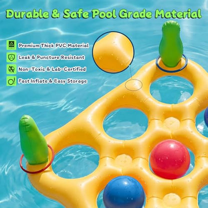 2 in 1 Pool Toys Games Set Inflatable Pool Float with 10 Balls & 8 Rings Tic-Tac-Toe Pool Games, Fun Summer Party Beach Outdoor Yard Game - color: Yellow