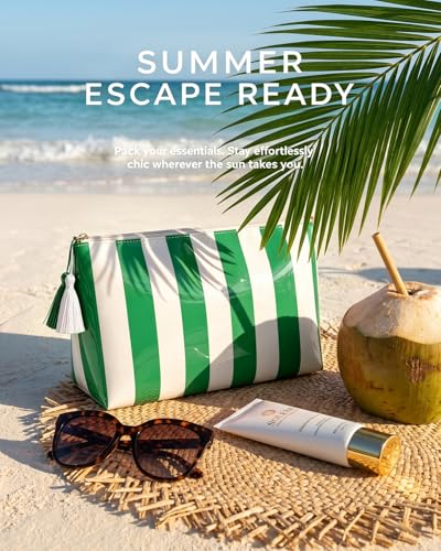Striped Makeup Bag with Tassel Zipper, Large Waterproof Cosmetic Travel Pouch forWomen, Preppy Aesthetic Toiletry Bag Travel Essentials for Girls, Beach Bag Essentials Organizer Gift(Green White) - color: Green White
