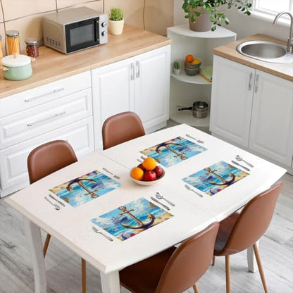 Erosebridal Anchor Placemats Set of 4 12x18 Soccer Beach Place Mat for Kids Teens Men Ship Shell Ocean Nautical Waves Adventure Blue Heat Resisting Table Mats - color: Blue Yellow