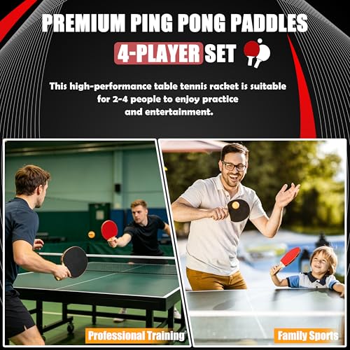 Table Tennis Set, 4 Paddles, 8 Balls & Carry Bag | Poplar wood paddles with EVA sponge & rubber. ABS 3-star balls. Great for family, beginners, office.