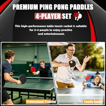 Table Tennis Set, 4 Paddles, 8 Balls & Carry Bag | Poplar wood paddles with EVA sponge & rubber. ABS 3-star balls. Great for family, beginners, office.