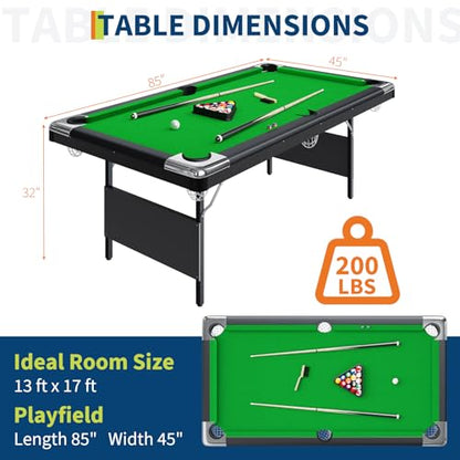 7FT Space-Saving Folding Pool Table for Adults & Kids Green Felt, Complete Accessory Set, Easy to Store – Portable Billiards Table for Game Rooms and Arcades