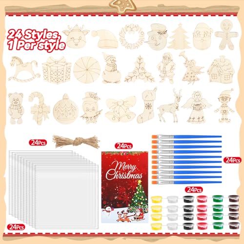 Saypacck 24 Pcs Christmas Party Favors Wooden Painting Craft Kits Birthday Party Supplies with Organza Bag for Goodie Bags Fillers Adult Thank You Gifts - style: Christmas