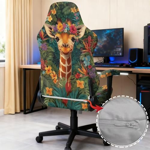 Giraffe Print Gaming Chair Cover with Armrest Covers Tropical Plants Print Stretchable Washable Computer Office Chair Seat Slipcovers Universal Fit for Desk/Swivel/Rotating Chairs Protector - color: Brown and Green - Giraffe Tropical Plants