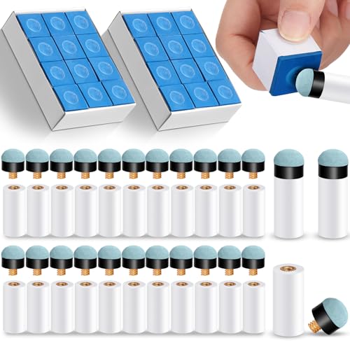 Junkin 24 Pool Cue Chalks and 24 Billiard Cue Tips Replacement Kit with Ferrules Blue Chalk Pool Table Accessories for Table Chalk Cubes Screw on Billiard Tip for Home Tournament Use