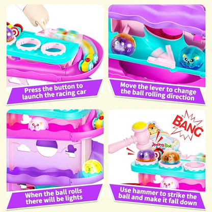 Funwee 2-in-1 Light Up Rolling Ball & Racing Car Ramp Toddler Toy, Race Track Hammer Ball Drop Toys, Interactive Montessori Learning Game for Kids 1-5+ Year Old Girl Boy Gift(Pink) - color: Pink