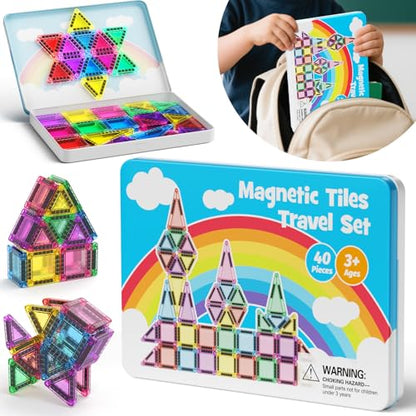 40 Pieces Magnetic Tiles for Kids Ages 4-8, Travel Magnetic Building Blocks Set with Iron Box, STEM Outdoor Kids Toys Gift for Boys & Girls 3+ Year Old, Pocket-Sized Classroom Must Haves - style: 40PCS Rainbow