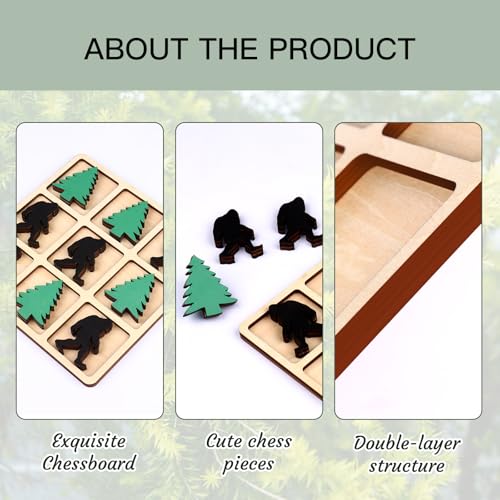 Wooden Tic Tac Toe Game, 10 Wood Pieces with Pine Tree & Bigfoot Motifs, Portable Tabletop Game for Camping, Adult Party Games, Family Game Night,Travel Games (Bigfoot)