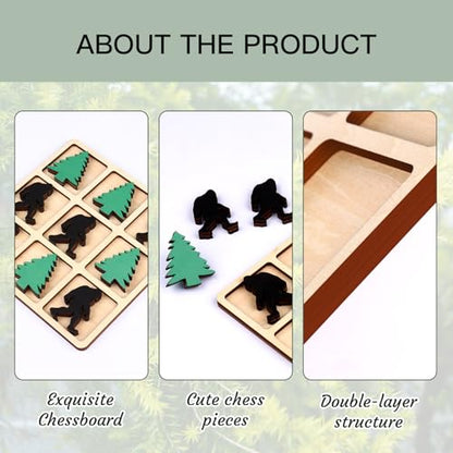 Wooden Tic Tac Toe Game, 10 Wood Pieces with Pine Tree & Bigfoot Motifs, Portable Tabletop Game for Camping, Adult Party Games, Family Game Night,Travel Games (Bigfoot)