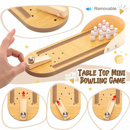 Deekin 2 Set Desktop Shoot the Moon Game Table Top Mini Bowling Game Set Classic Steel Ball Wooden Tabletop Games Wooden Board Mini Arcade Table Games Bowling Set Gag Gifts for Adult Teen Office Desk