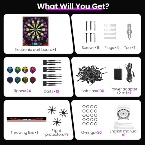 Electronic Dart Boards for Adults with Illuminated Number Ring&Backlit LED Display, Digital Dart Board Electronic with 34 Games&369 Options, Electronic Soft Tip Dart Board Set for 1-8 Players