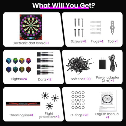 Electronic Dart Boards for Adults with Illuminated Number Ring&Backlit LED Display, Digital Dart Board Electronic with 34 Games&369 Options, Electronic Soft Tip Dart Board Set for 1-8 Players