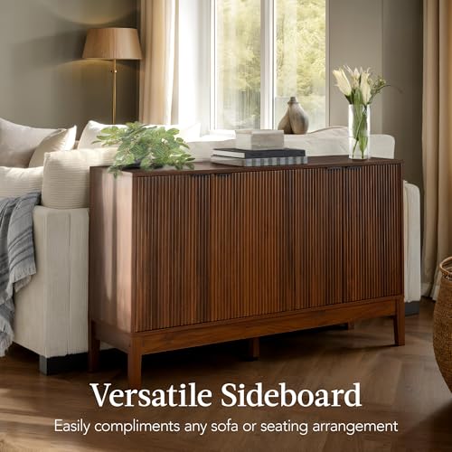 Best Choice Products 55" Modern 4-Door Sideboard Storage Cabinet, Buffet, Media Cabinet, Cupboard, Entryway Accent Table, Bookcase w/Reed Panels and Adjustable Shelves – Walnut - color: Walnut