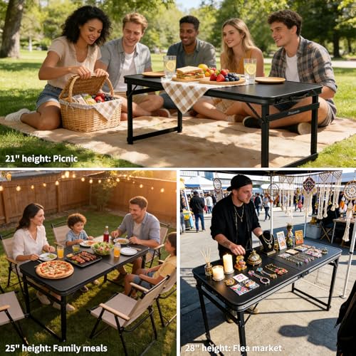 4FT x 2FT Folding Camping Table Adjustable Height with Umbrella Hole, Aluminum Alloy Legs Foldable Portable Outdoor Table for Picnic, Travel, Parties, Kids Craft, Market Vendor Use - size: 4 ft × 2 ft × 2.3 ft H, with Umbrella Hole