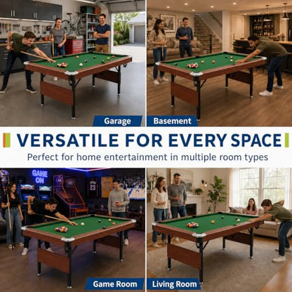 63.8 Inch Foldable Pool Table, No Assembly, Steel Folding Legs, 4-Point Leveling Feet, Complete Set — 16 Balls, Triangle, Chalk, Felt Brush - color: Green Felt+Wood Color Frame