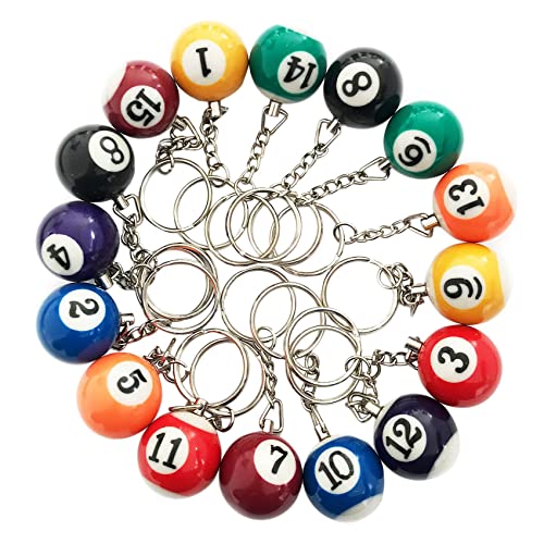 Colorful Billiard Ball 16 Pcs,Mini Key Chain Balls Eightball Billar Chains Accessories