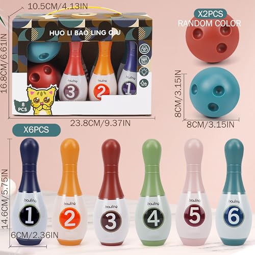 Bowling Pins, 6 Plastic Bowling Pins & 2 Balls, Kids Set - Indoor Interactive Toddler Game, Medium Size. - color: Medium