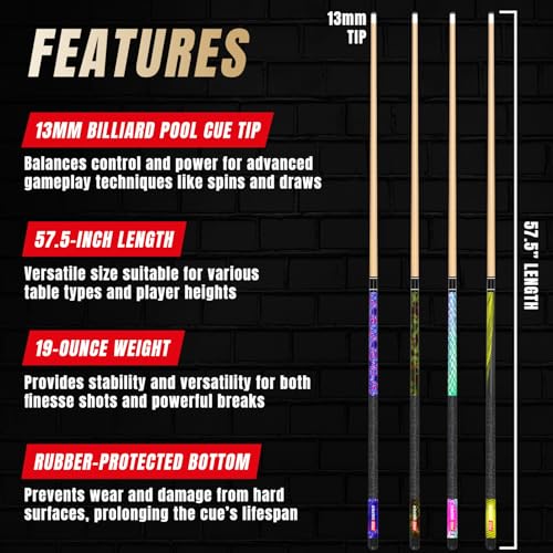 Prosniper Premium Pool Sticks Set of 4 | 58-Inch, 19-Oz Canadian Maple Pool Cue with Low-Deflection Shaft & 4 Extra Chalks | Pro-Grade Billiard Cue for Home & Bar Play - color: Neon Multicolor
