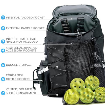 Athletico 35L Pickleball Backpack - Pickleball Bags for Men or Women Includes Pickleball Ball Holder - color: Black