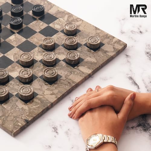 Marble Checkers Board Game 15 Inches Oceanic and Black Handmade 2-Player Tournament Checker Set, Board Game Set – Elegant for Home Decor