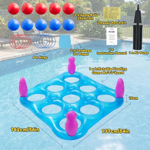 2 in 1 Pool Toys Games Set Inflatable Pool Float with 10 Balls & 8 Rings Tic-Tac-Toe Pool Games, Fun Summer Party Beach Outdoor Yard Game - color: Blue