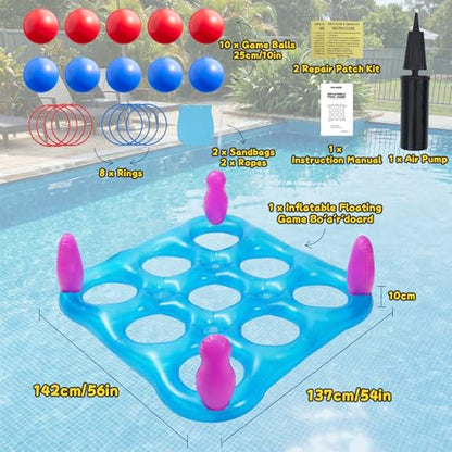 2 in 1 Pool Toys Games Set Inflatable Pool Float with 10 Balls & 8 Rings Tic-Tac-Toe Pool Games, Fun Summer Party Beach Outdoor Yard Game - color: Blue