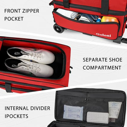 Goloni Double Roller 2 Ball Bowling Bag with Separate Shoe Compartment,2 Ball Bowling Bag with Wheels,Retractable Handle Extends to 40" - color: Red