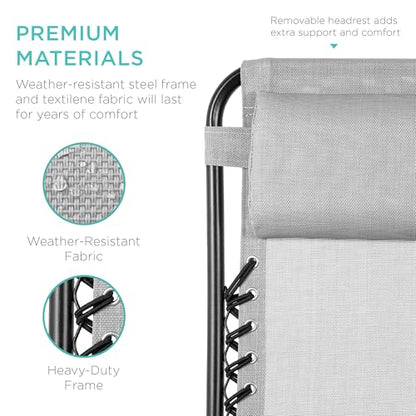 Best Choice Products Set of 2 Adjustable Steel Mesh Zero Gravity Lounge Chair Recliners w/Pillows and Cup Holder Trays - Ice Gray - color: Ice Gray, size: Standard