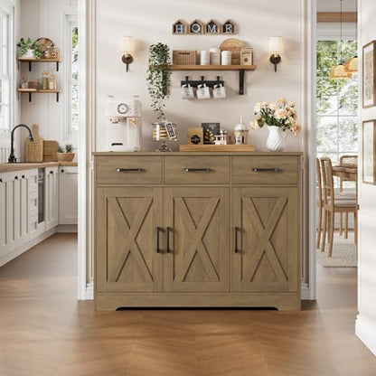 HOSTACK Modern Farmhouse Buffet Sideboard Cabinet, Barn Doors Storage Cabinet with Drawers and Shelves, Wood Coffee Bar Station for Dining Room, Kitchen, Living Room, Rustic Brown - color: Rustic Brown