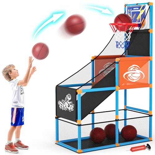 Arcade Basketball Game Set Boy Toys: Indoor Basketball Hoop with 4 Balls Outdoor Sports Toy for Kids 3-12 Years Old Adjustable Height with Air Pump Kid Party Games Birthday Gifts for Boys Girls Teens - style: Blue Standard Basketball Hoop