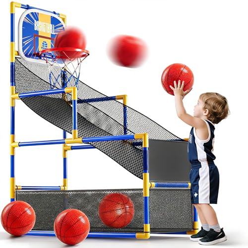 Arcade Basketball Game Indoor, Kids Ajustable Basketball Hoop, Outdoor Carnival Sports Play Toy with 4 Balls and Air Pump, Educational Birthday Gift for Boys Girls 3 4 5 6 7 8 Year Old (Blue)