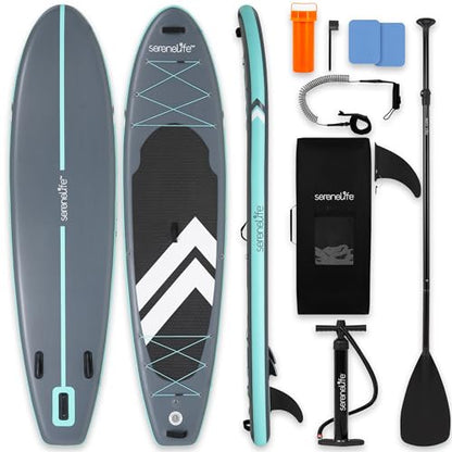 SereneLife 10’6” Inflatable Stand Up Paddle Board with Premium SUP Accessories - 32” Wide Stable Design with Non-Slip EVA Deck Pad, for Youth and Adults, 350 lbs. Capacity - color: Black