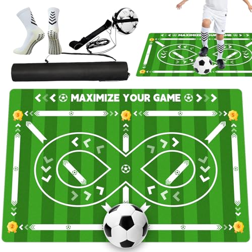 Soccer Training Mat, non-slip footwork training mat for improving ball control and footwork training. 35.5*23.5″, suitable for all ages. Comes with a storage bag, training socks, and Soccer Return Trainer Net.