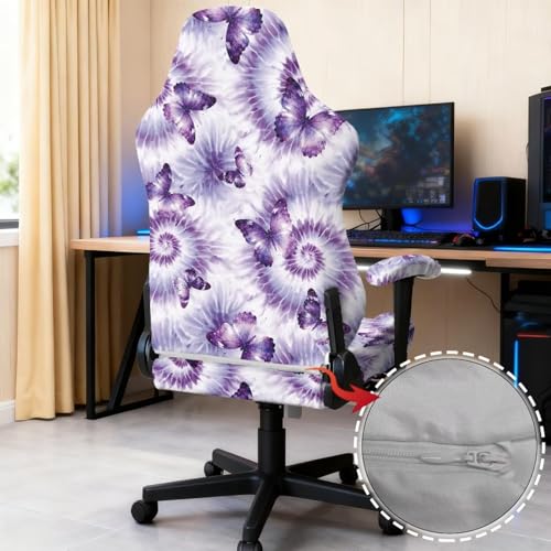 Butterfly Print Gaming Chair Covers Slipcovers with Armrest Covers Tie Dye Print Computer & Gaming Chair Slipcover Universal Fit for Desk/Swivel/Rotating Chairs Protector - color: Purple and White - Butterfly Tie Dye
