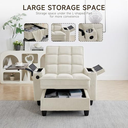 oaaktu Modern Tufted Linen Fabric Chaise Lounge Sofa Chair with Rotating Side Table,Storage,Pillow,USB Charging Ports and Adjustable Backrest Perfect for Living Room, Small Spaces (12-Beige) - color: 12-beige