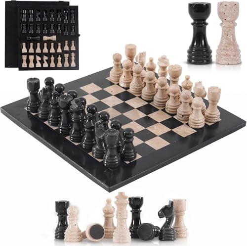Marble Chess Set for Adults 12 Inch Handmade Black and Travertine Chess Board Games with Storage Box, Travel Chess Game with 32 Chess Pieces & 2 Extra Queens, Gifts & Home Décor - color: Black and Travertine