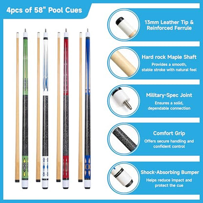 Empire USA - Pool Table Accessories Set 61 Piece, Billiard Kit with Cue Sticks, Ball Set, Triangle Rack & Cue Rack, Complete Pool Table Accessories Kit for Home Game Room
