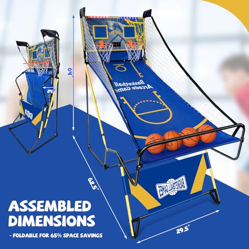 Arcade Basketball Game,Foldable Indoor Dual Basketball Scoring System with Sound Effects,Pump and Dual HoopsGame Modes for Family Game