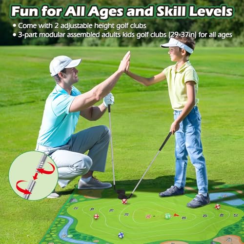 Battle Golf Chipping Game Set for Kids Adults, Chip and Stick Golf Game with 2 Adjustable Clubs, 5×5FT Double-Sided Chipping Practice Mat, 20 Sticky Balls Sport Toy Gift for Indoor Outdoor Family Fun