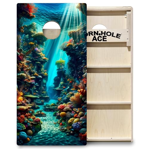 CornholeAce ACE PRO Outdoor, Space, & Underwater Professional Cornhole Boards - No Bounce! Triple Wide Legs, 3/4" Baltic Birch Plywood, Handles, Regulation Size (4x2ft), Tournament Style, Made in USA - color: Coral Kingdom, style: Underwater