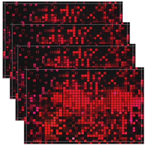 Erosebridal Red Black Pixelated Placemats - Checkered Geometric Abstract Art Place Mat Set of 4, Gaming Gamer Table Mats 12x18 Inch for Kids Boys Girls, Plaid Neon Table Decor for Party Kitchen - color: Red and Black