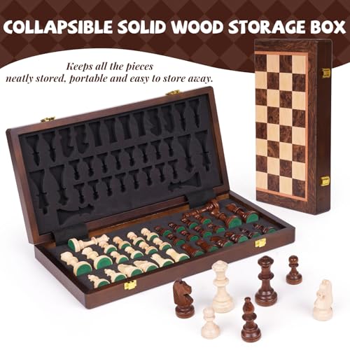 Magnetic Chess Set, 15 Inch Wooden Chess Set with Storage, Folding Travel Chess Set with Strong Magnetic Pieces, Tournament Chess Board, Portable Chess Set with 2 Extra Queens for Adults & Kids