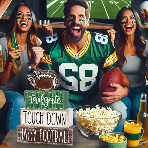 DIYDEC 4Pcs Football Table Decoration Happy Football Wooden Block Sign Fall Rugby Tiered Tray Decor Centerpiece Decorative Faux Book Stack for Holiday Tabletop Coffee Fireplace Shelf Desk Party Decor - style: Football
