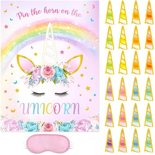 WERNNSAI Pin The Horn on The Unicorn - Unicorn Birthday Decorations Birthday Party Games for Kids Poster with 24 Horn Stickers Girls Rainbow Party Favors Supplies Home Wall Decor - style: Unicorn A