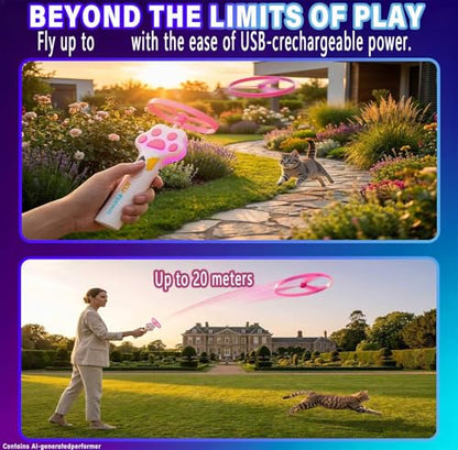 Cat Fetch Toy Automatic Disc Launcher 6 Discs USB-C White | Automatic launcher with 6 discs (3 Glow-in-Dark). 30m range. USB-C rechargeable 1200mAh battery. Interactive toy for cats.